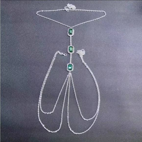 Emerald Silver Zircon Body Chain, Elegant, Classy, Minimalist, Punk - Picture 3 of 5